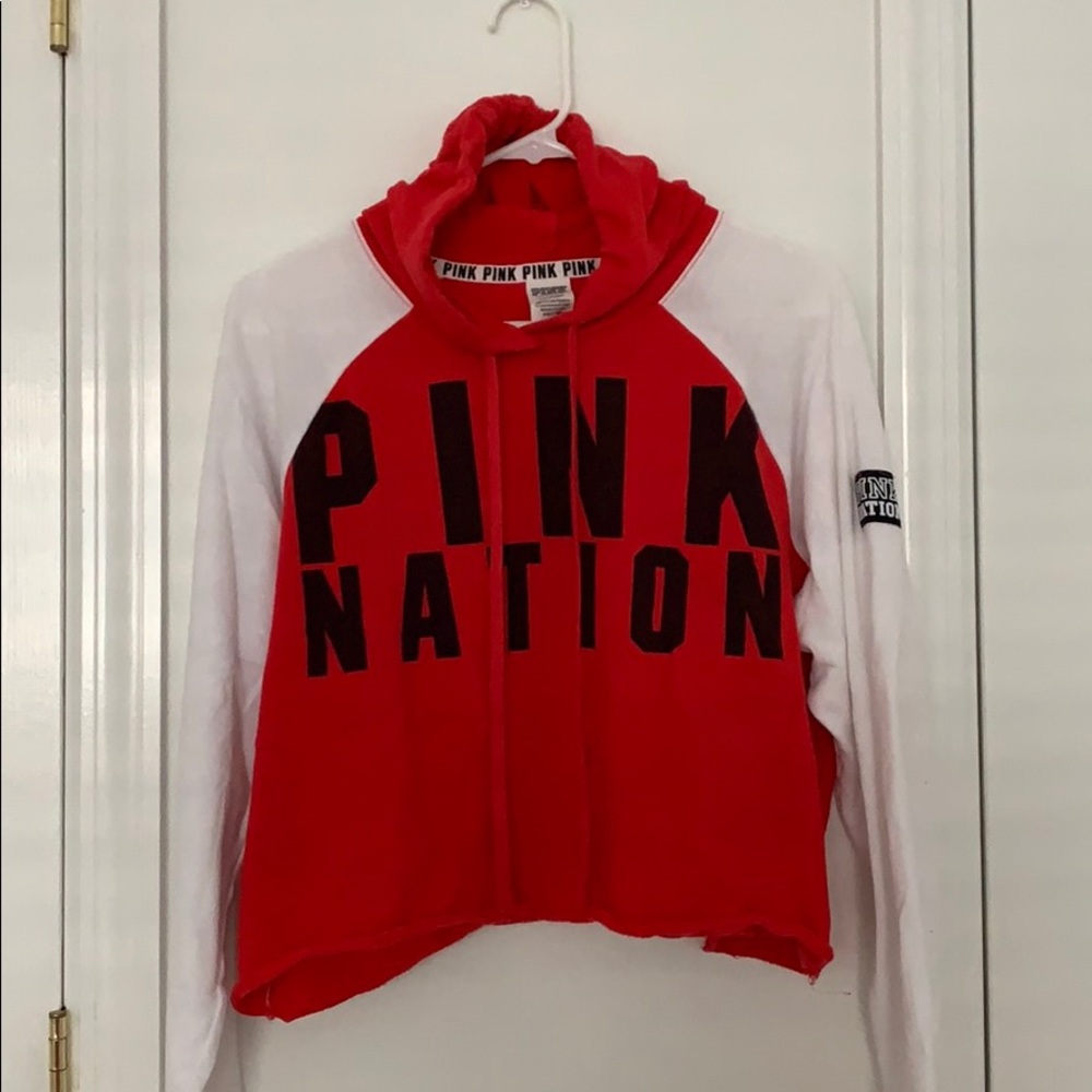 PINK red and white “cropped” hoodie